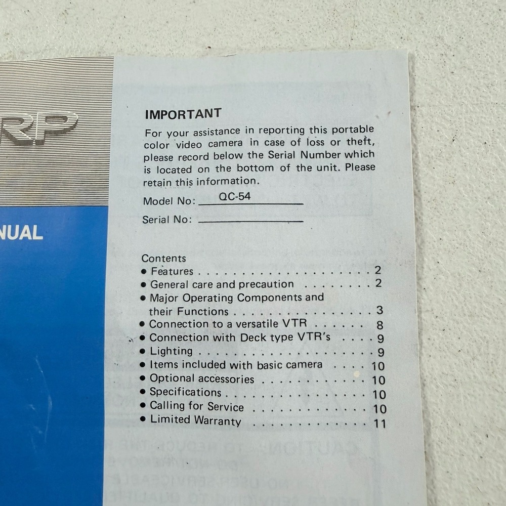 Original Sharp QC-54 Color Video Camera Owners Manual - Picture 2 of 5